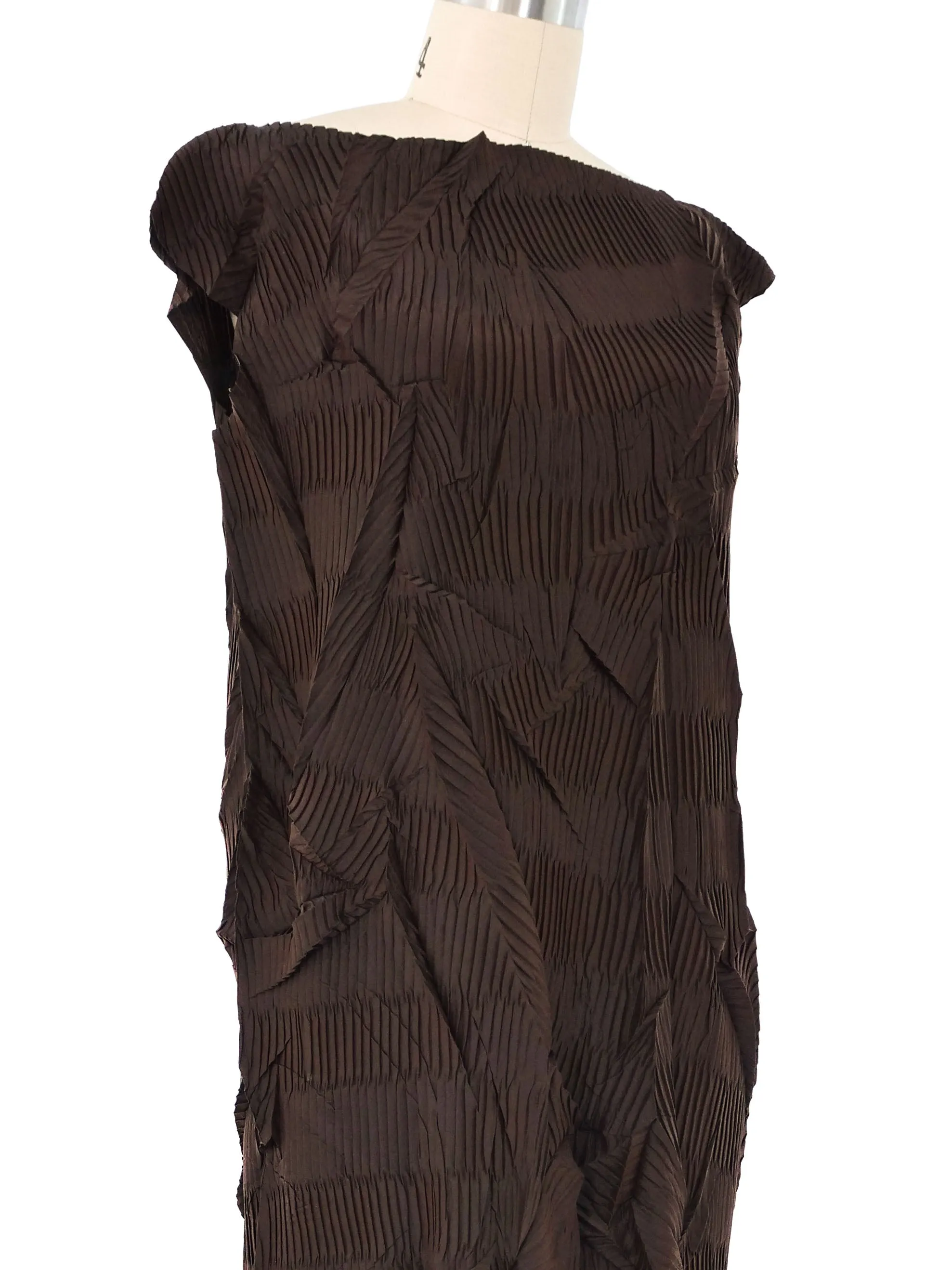 Brown Dimensional Pleat Maxi Dress