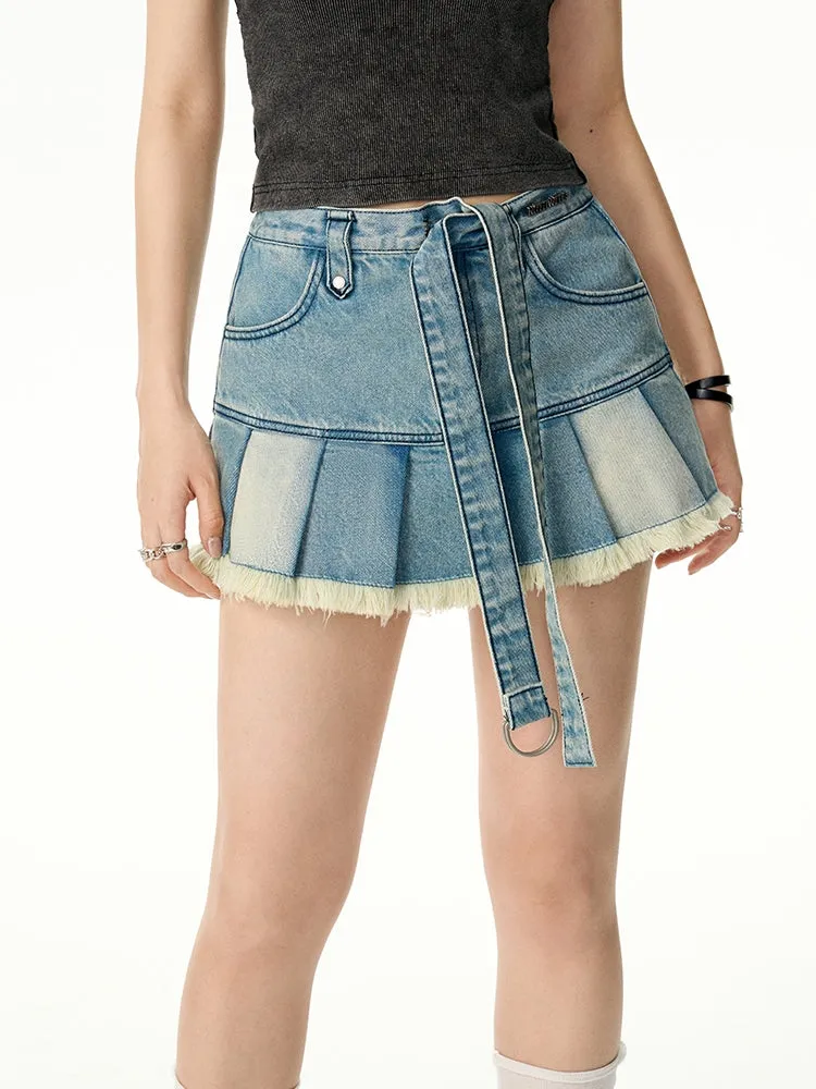 Denim Pleats Flare Tassel Mini-Skirt
