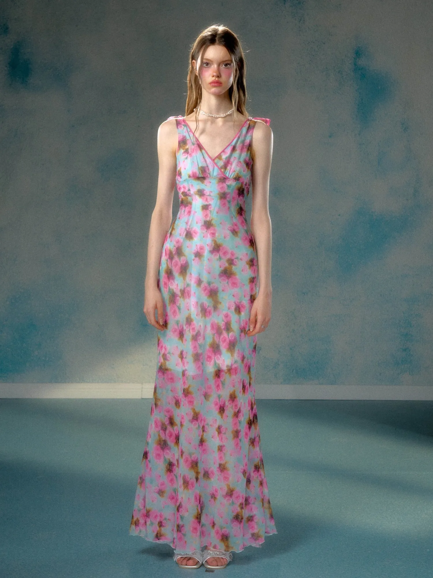Double Frill V-Neck Floral Maxi Dress