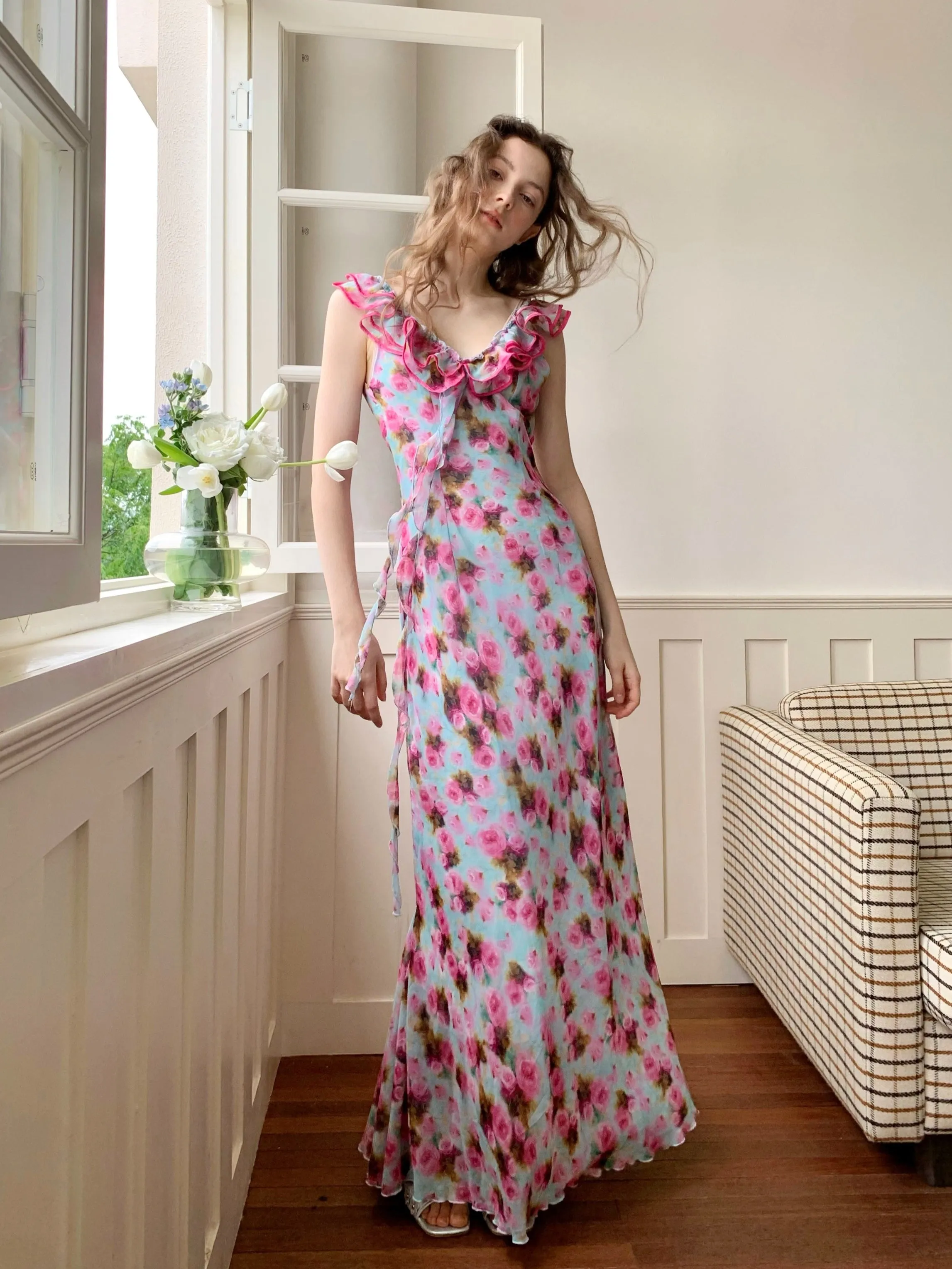 Double Frill V-Neck Floral Maxi Dress