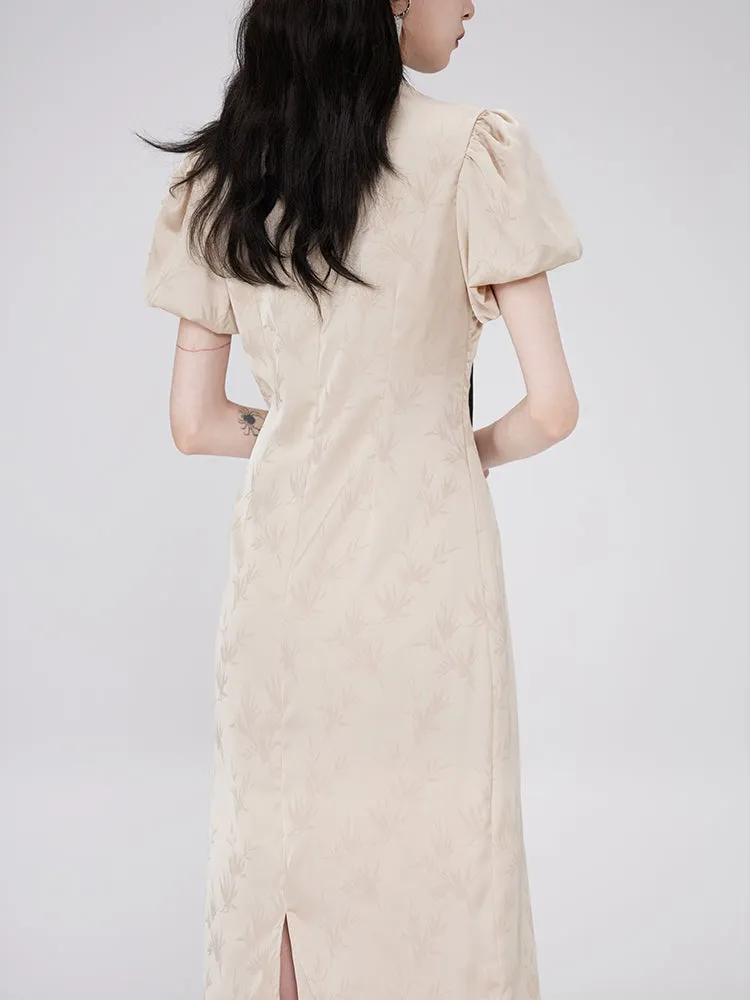 Embroidery Long Retro Puff-Sleeve China One-Piece