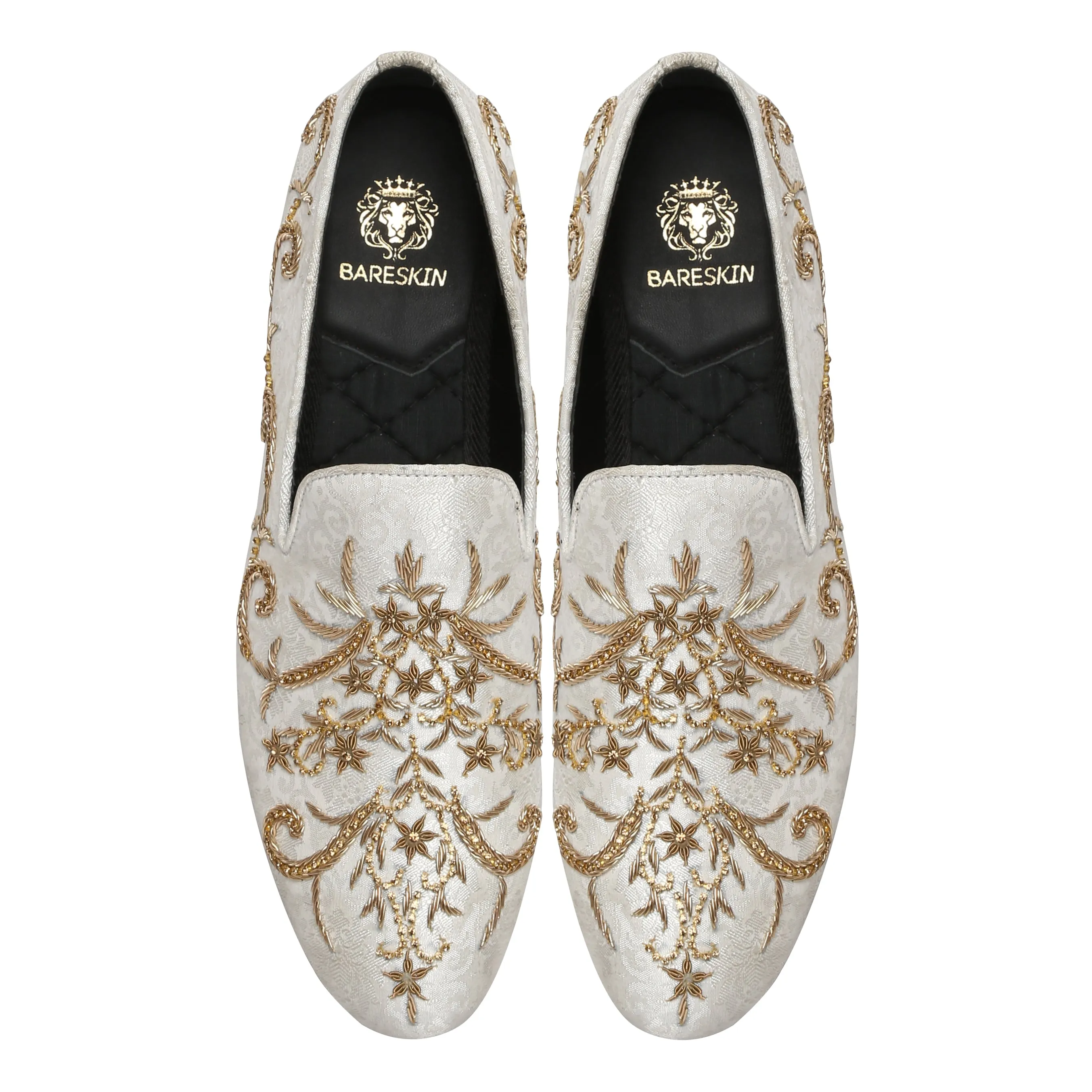 Graceful White Slip-Ons with Golden Zardosi By Brune & Bareskin