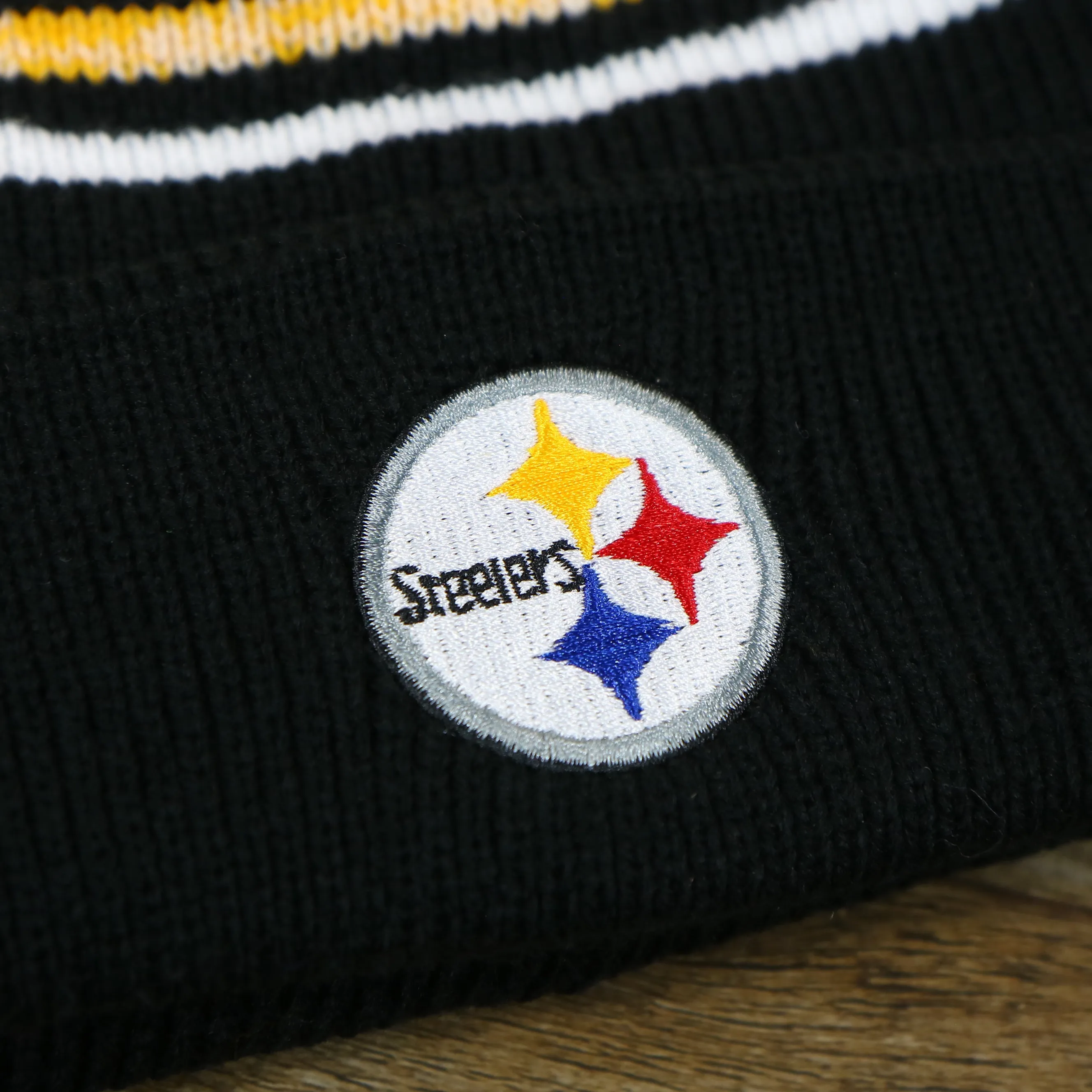 Kid’s Pittsburgh Steelers Striped Pom Pom Winter Beanie | Black, Yellow, And White Beanie