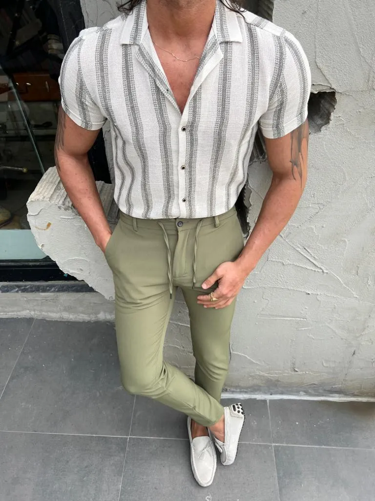 Margi Slim Fit Collared Green  Striped Shirt