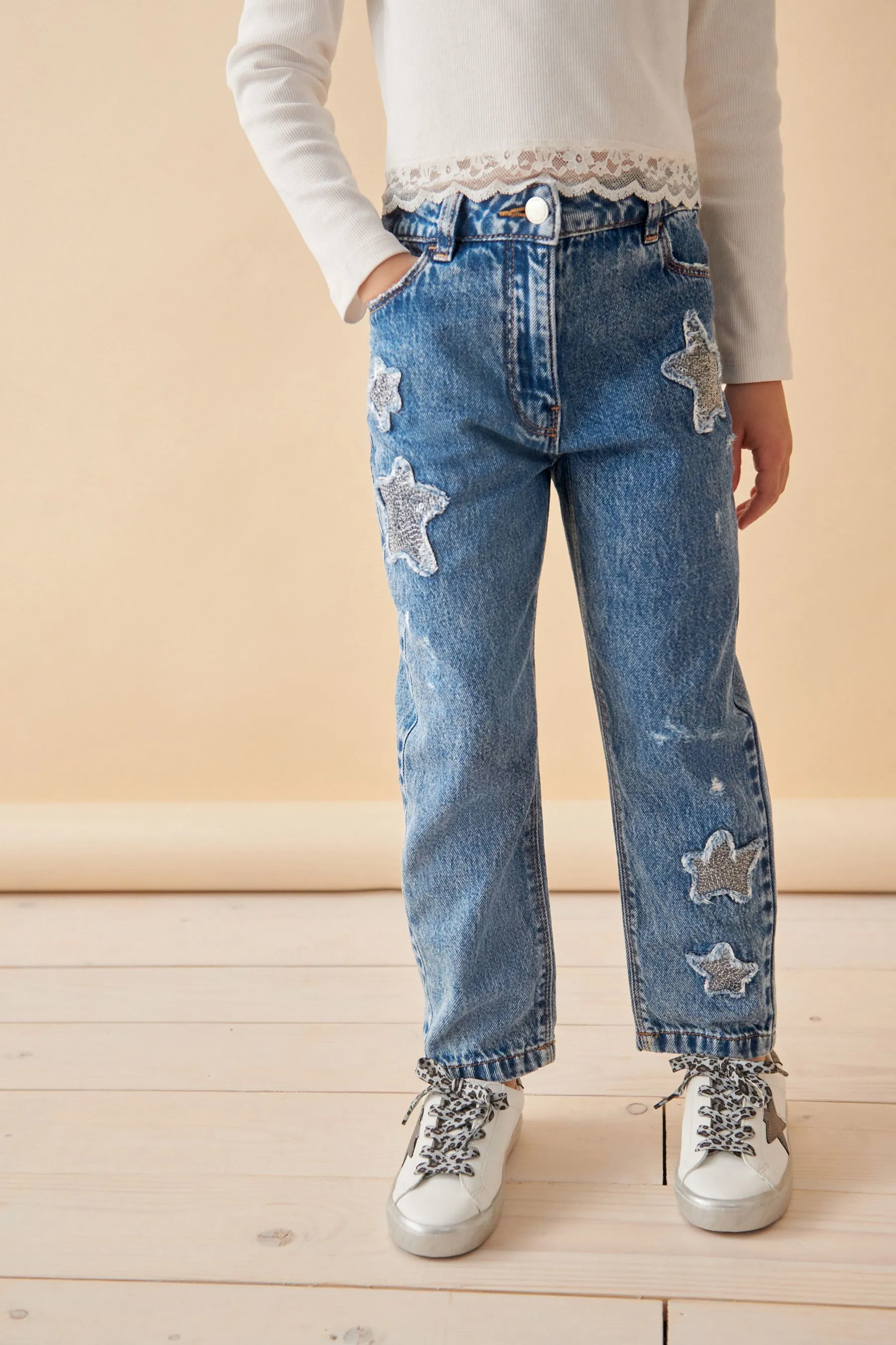 Mid Blue Denim Mom Sequin Star Jeans (3-16yrs)