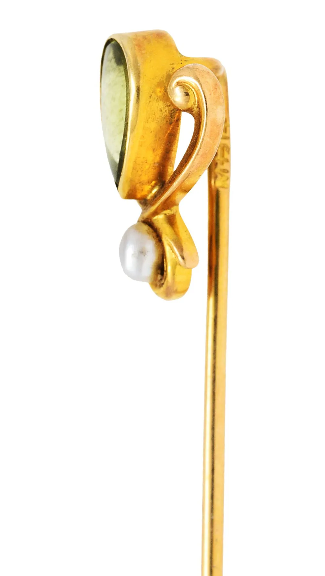 Moore & Son Art Nouveau Peridot Pearl 14 Karat Yellow Gold Stickpin