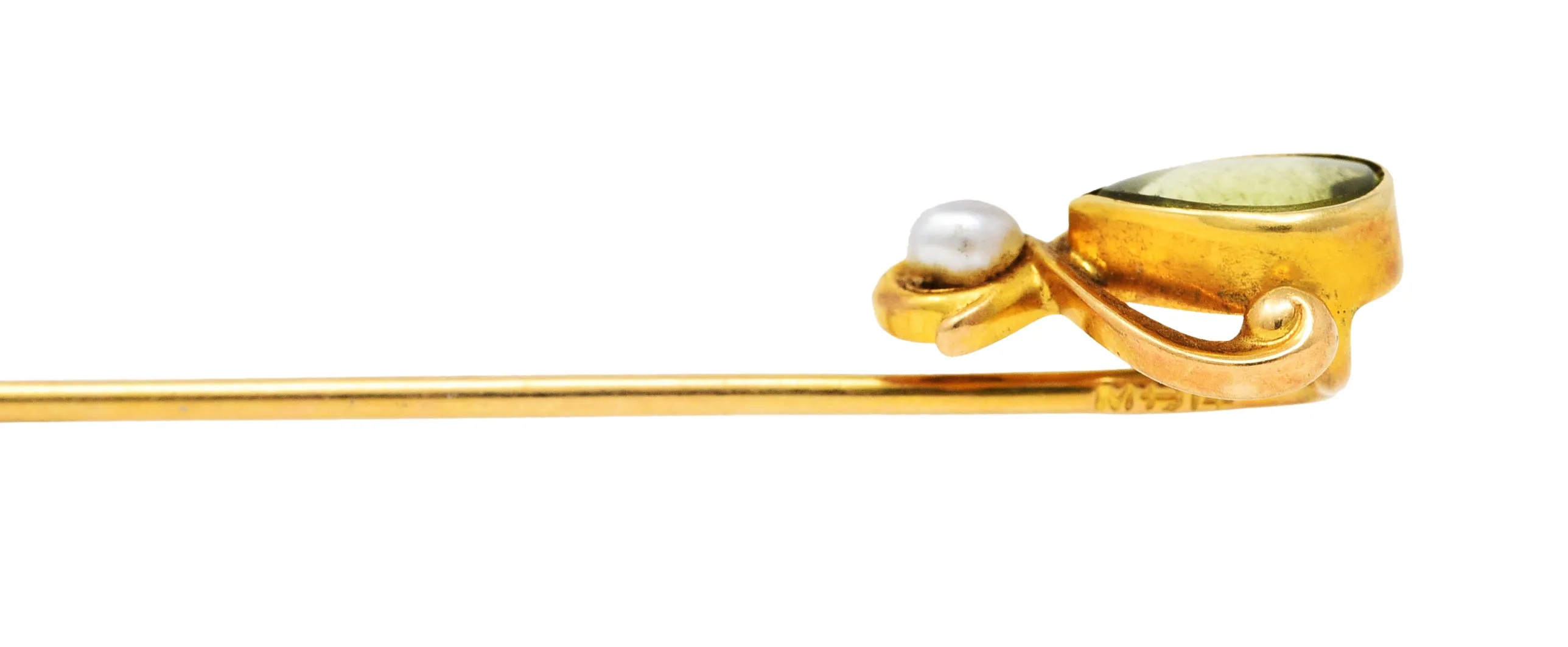 Moore & Son Art Nouveau Peridot Pearl 14 Karat Yellow Gold Stickpin