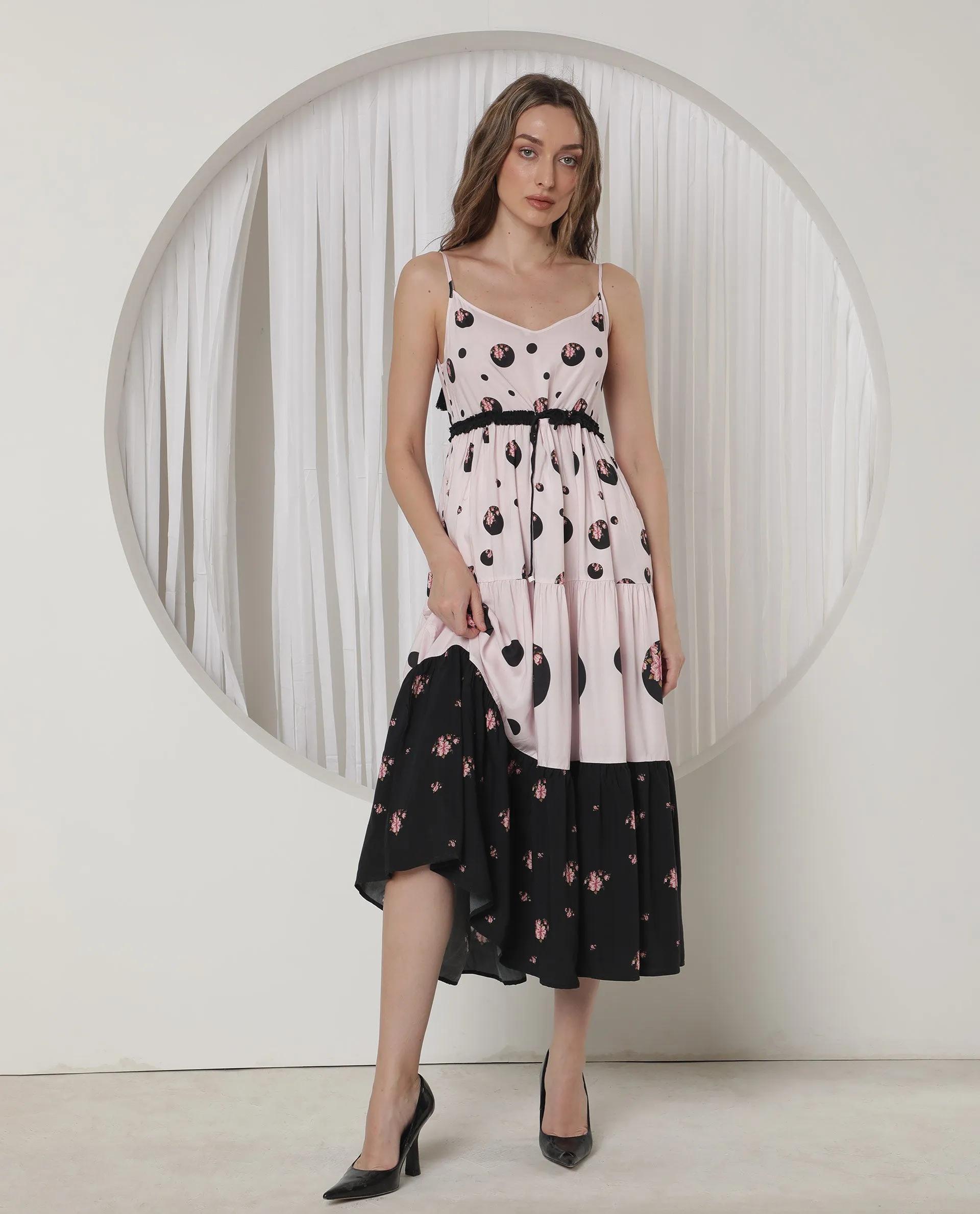 Rareism Women Lavandula Light Pink Polyester Fabric Sleeveless Shoulder Straps Relaxed Fit Polka Midi Tiered Dress