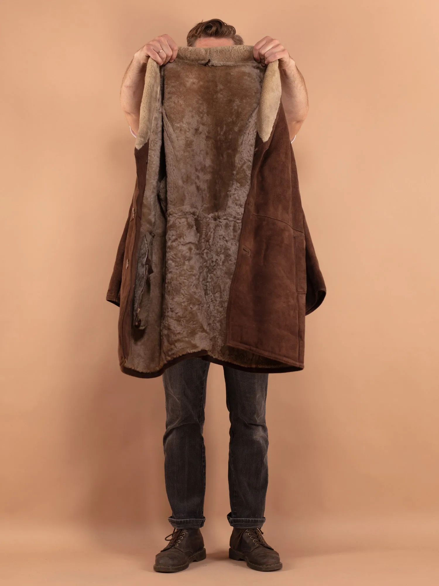 Vintage 70's Men Oversized Sheepskin Coat in Brown